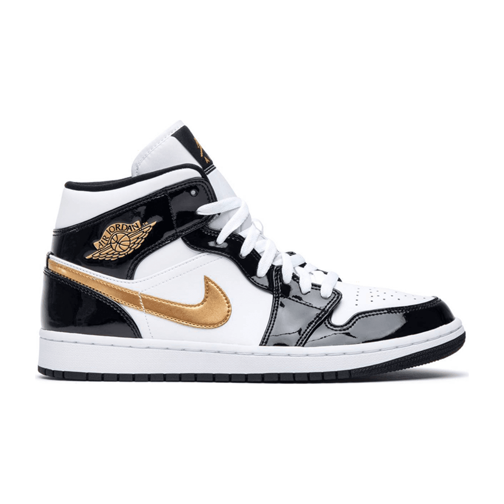 Tenis Air Jordan 1 Mid Patent Black White Gold